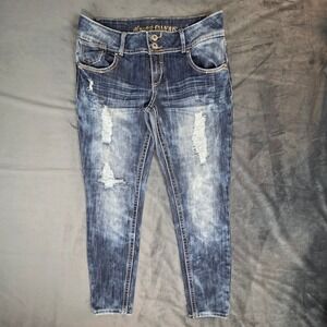 Almost Famous Women Size 11 Dark Wash Distressed Skinny Jeans Embroidered Pocket